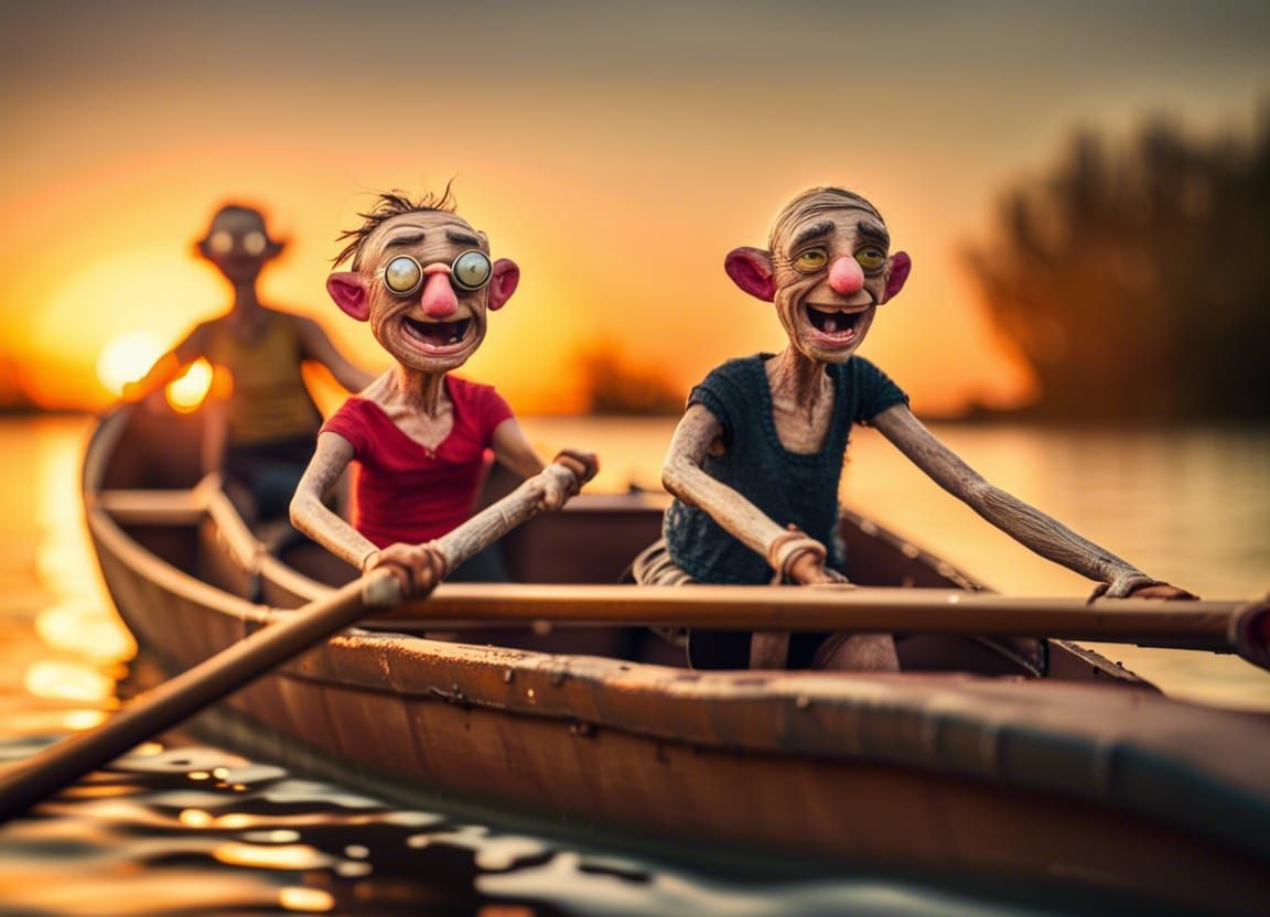 Funny picture of an extreme ugly couple in a boat rowing tow...