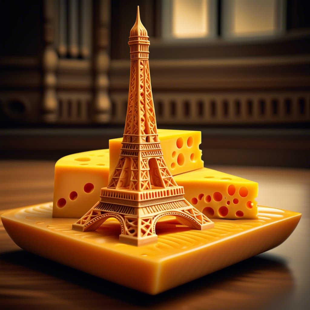 Intricate eiffel tower made of gouda and cheddar cheese on a...
