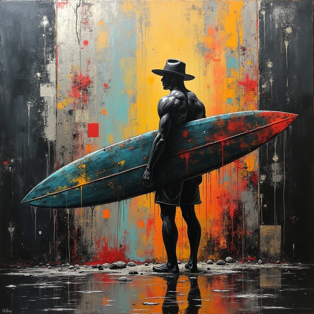 Surfer in Futuristic Urban Landscape with Abstract Patterns