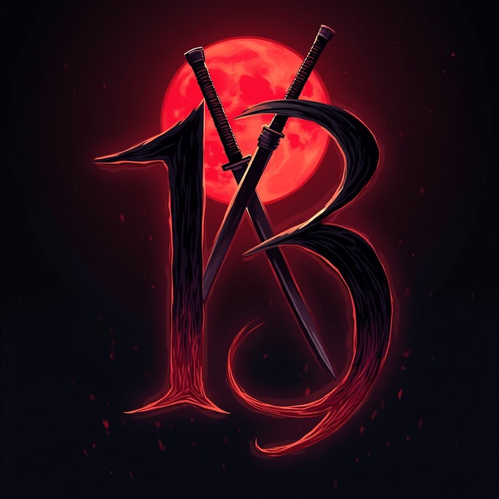 a picture of a 13 (the number)with two katanas(ninja's sword)+ a moon with a dark red color  in the back ground
make the katana seem like sh...