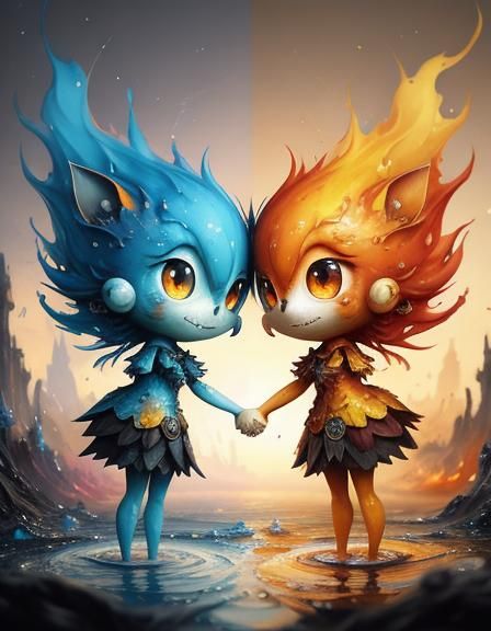 stunning image of a adorable flame character and adorable water droplet character holding hands, grainy, noisy, concept art, by Alberto Seve...