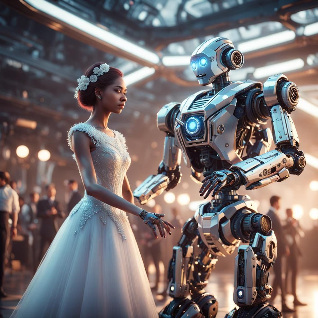 a man and a robot in love and getting married and dancing a ...