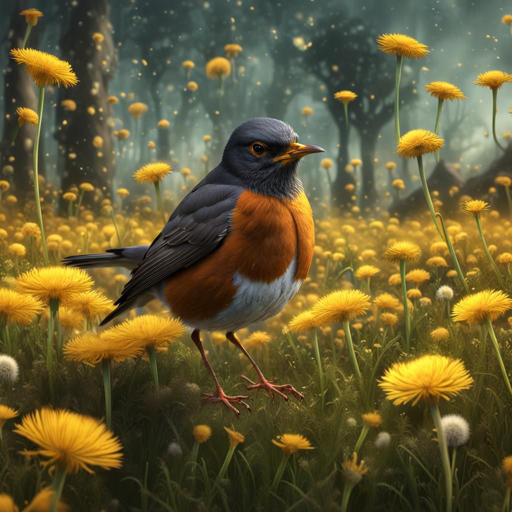 American Robin in a field of dandelions