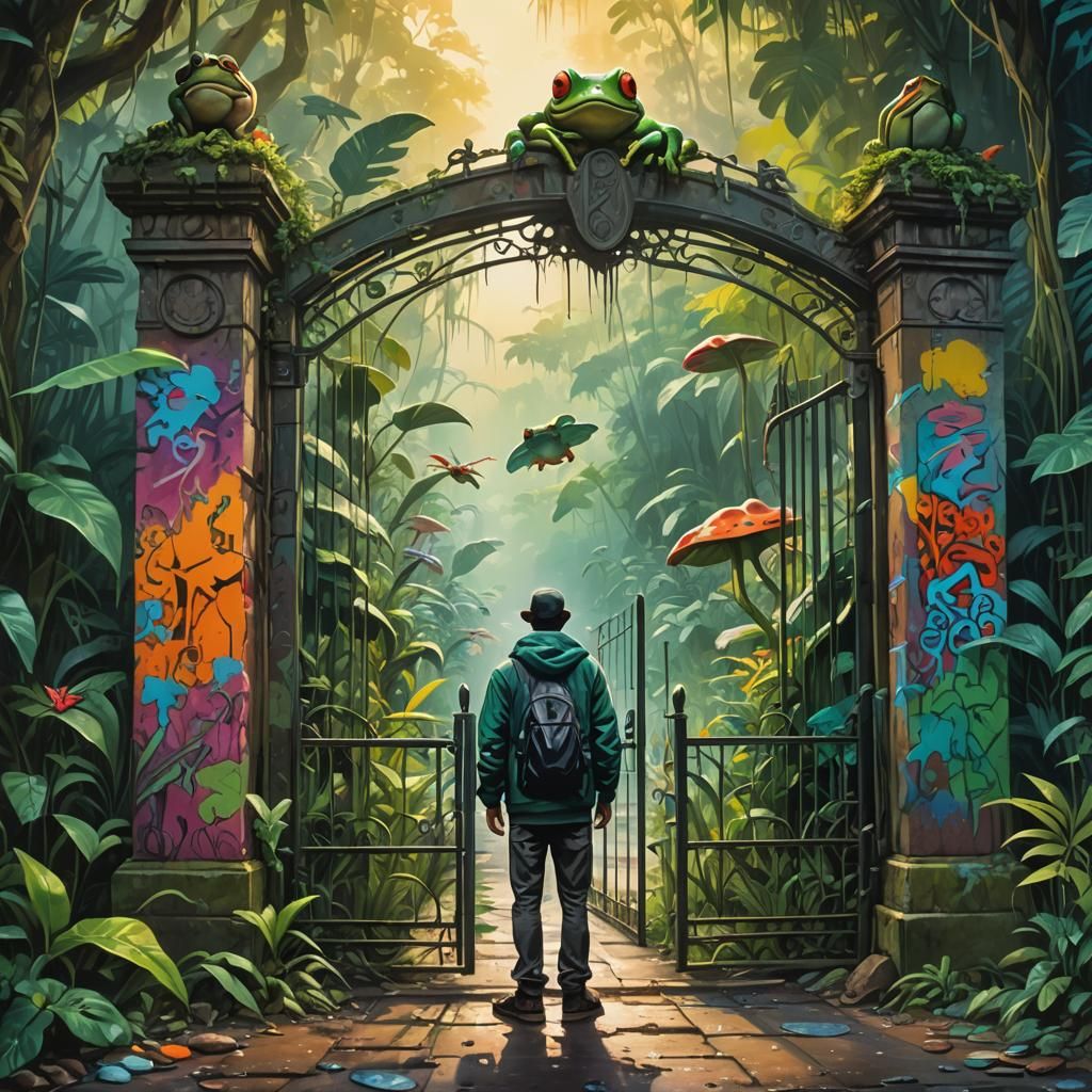 A man stands in front of a large gate in the jungle. A frog ...