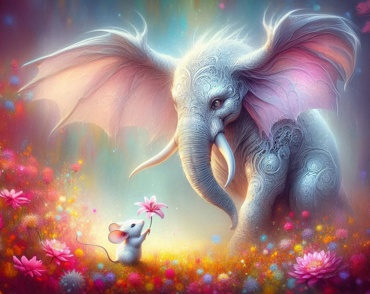 The Elephant and the Mouse: Dreamy watercolor scene
