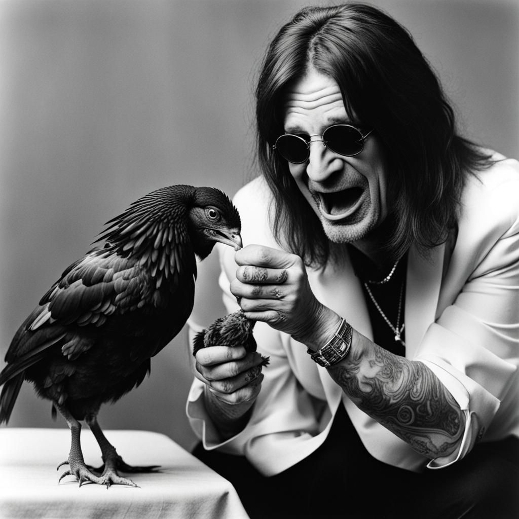 Ozzy osbourne biting a chicken - AI Generated Artwork - NightCafe Creator