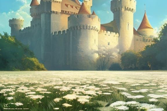 a castle in a field of white flowers, cinematic, poster art by james ...