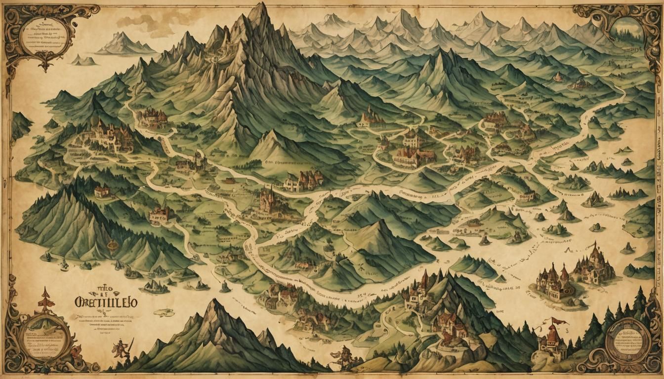 A parchment map of a fantasy land showing the path of travel, mountains