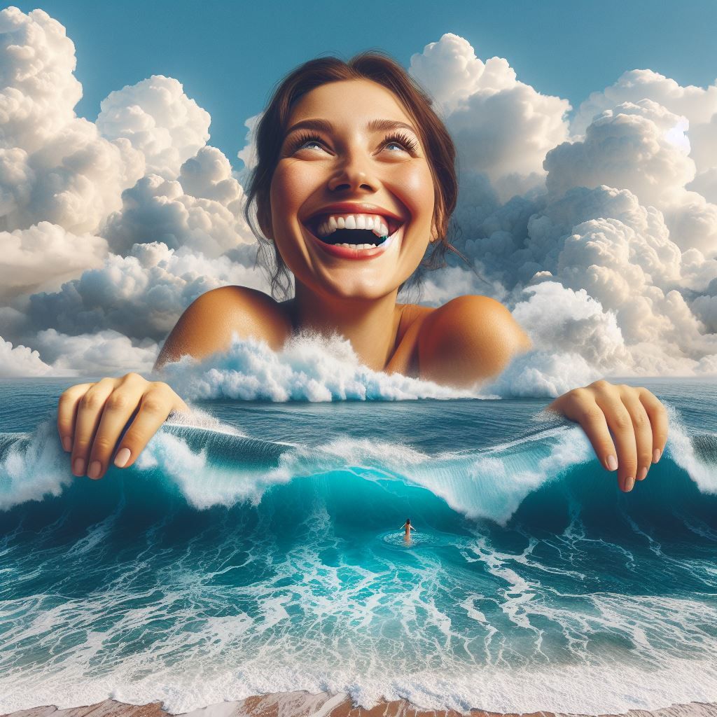 A colossal woman swimming in the sea or "Well there's no har...