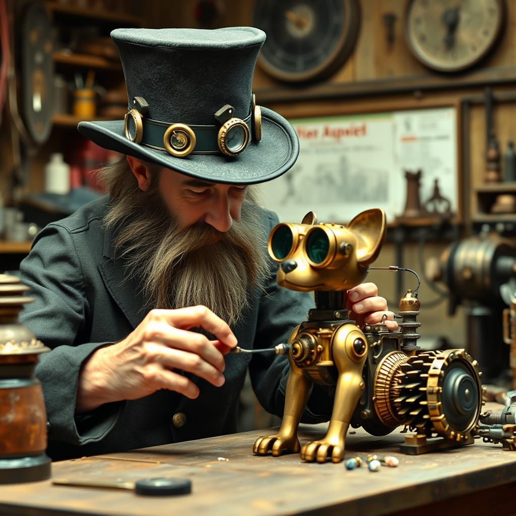 steampunk automaton wizard in top hat at workbench delicately adjusting a mini automaton shaped like ...  by @esmirquinn