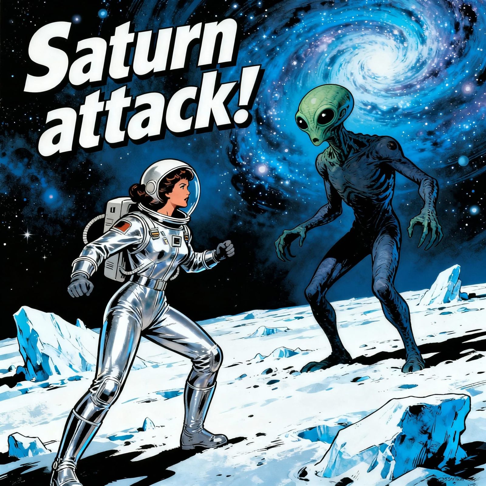 A retro sci-fi comic book cover from the 1950s, depicting a gorgeous astronaut woman confronting a menacing, ...  by @Lajos Detari 