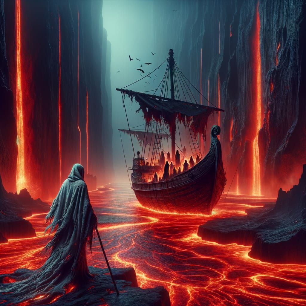 Charon's infernal ship navigating on river Acheron, on a riv...