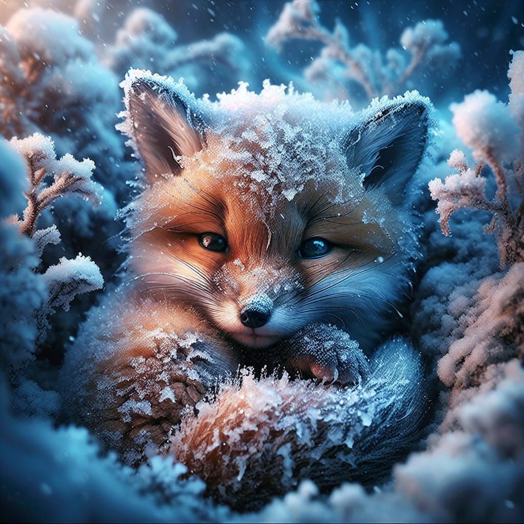 A cute littlebaby fox snuggled up cold in the snow wet snowy fur<lora:Effectxultrareal:1.0> 