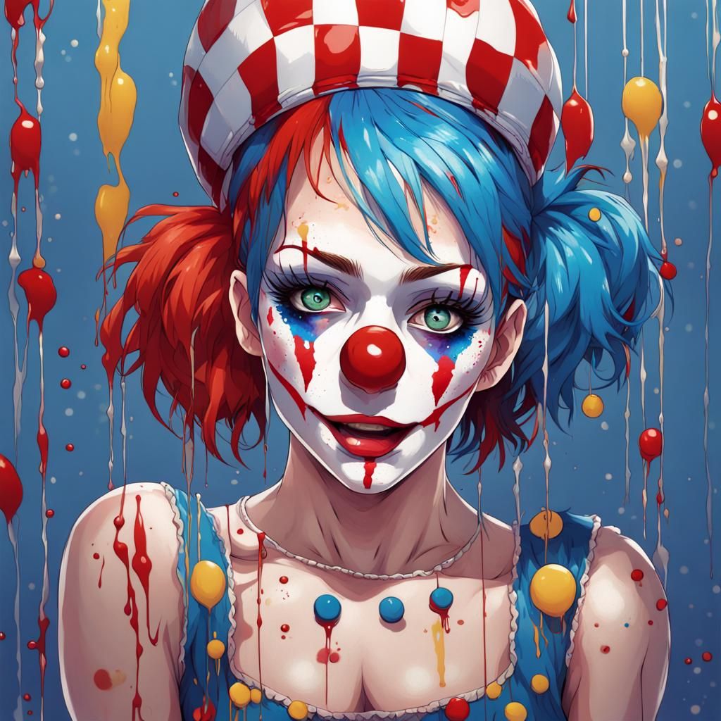 full length circus clown, female blue and red hair, carnival quirky, bask ,  blindfold, high detail, splash paint, oil drip, perfect face by... - AI  Generated Artwork - NightCafe Creator