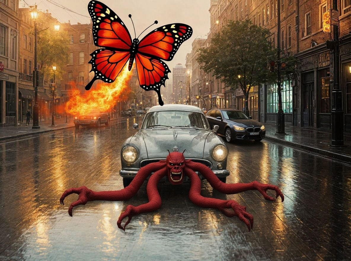 A street with American-style buildings, streetlights... a rainy street,