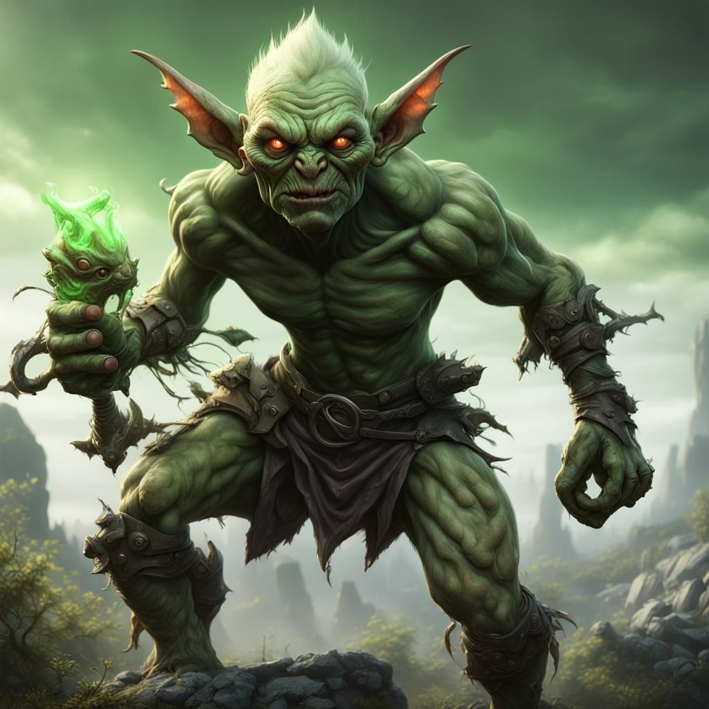 a pale mutated goblin, his skin is ashy as he is surrounded by green ...