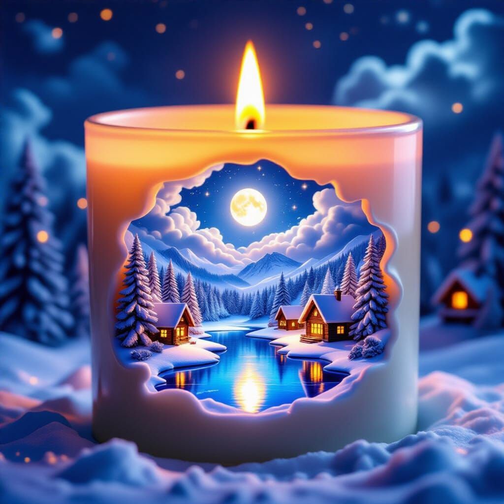 Candle's Winter Wonderland: Realistic Glowing Flame, Snowy S...