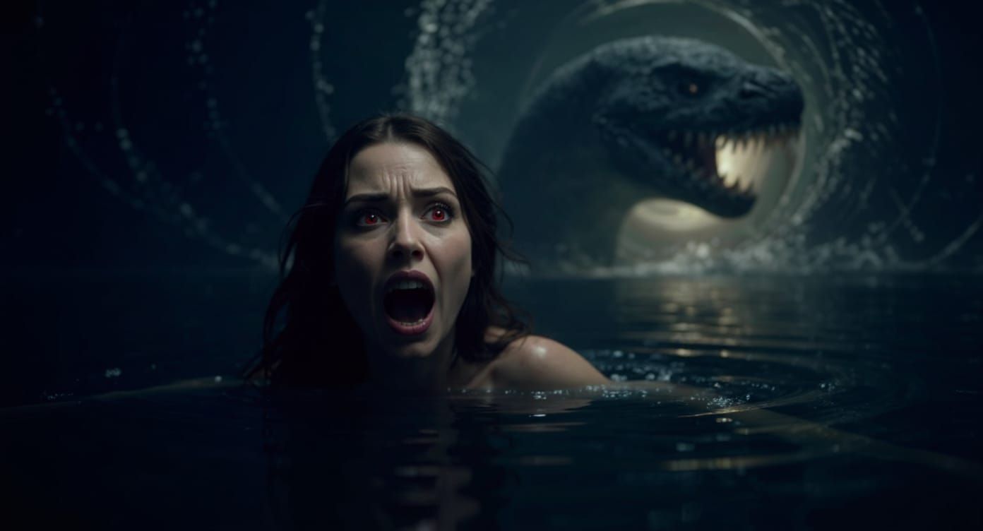 cosmic horror creation I made of one the most terrifying bad dreams I’ve truly ever had of me heading towards the Singularity inside of a black hole after I hit its firewall while now floating on the infinitely deep ocean with a gargantuan bloop monster spotting me in the backdrop after swimming up