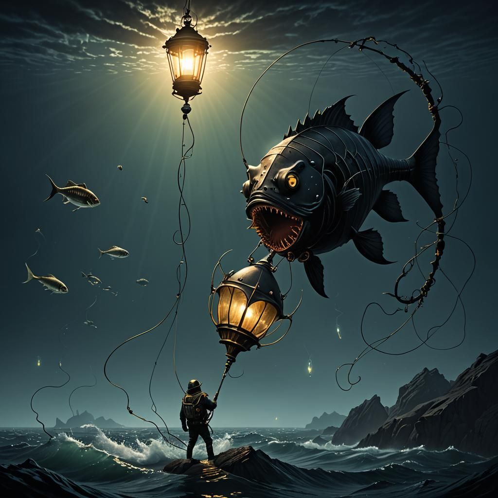 Surreal artistic image of the lantern anglerfish
