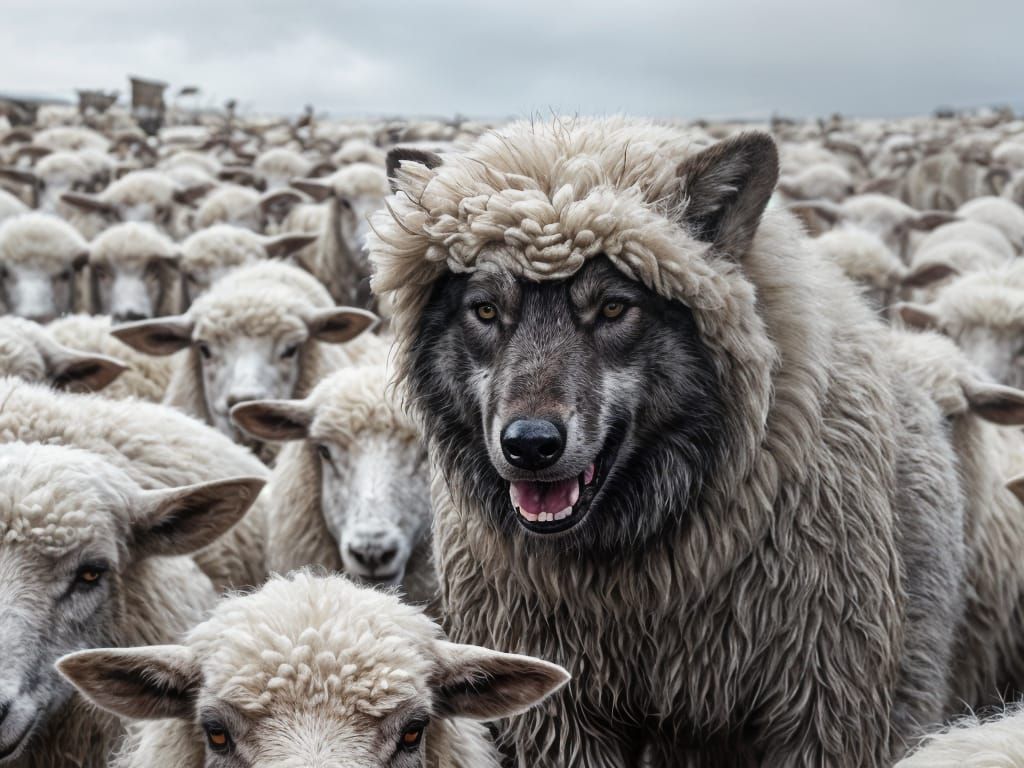 A menacing wolf dressed in a sheep's fleece, surrounded by real flock of sheep. All the fleeces are fluffy ...  by @Distinguished-Gent