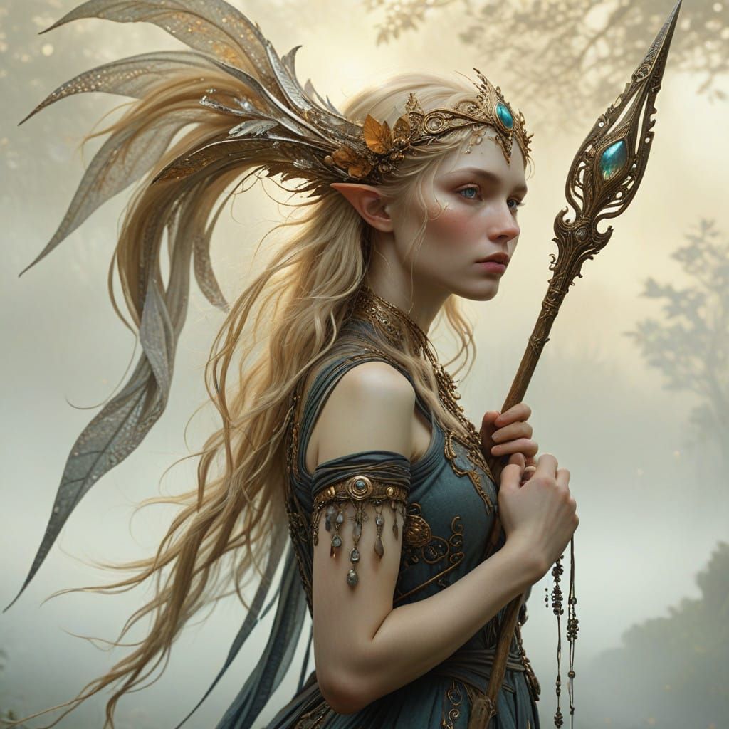 Regal Elf Warrior in Sunset Hues, Moonlit Forest Glade