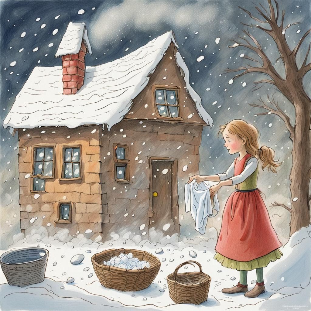 Children's drawing of a fairy tale: Frau Holle shakes the la...