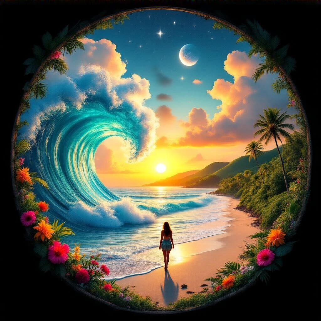 A surreal tropical seascape framed in an orb view: towering turquoise wave curls inward, its crest sculpted into billowing clouds lit by gol...