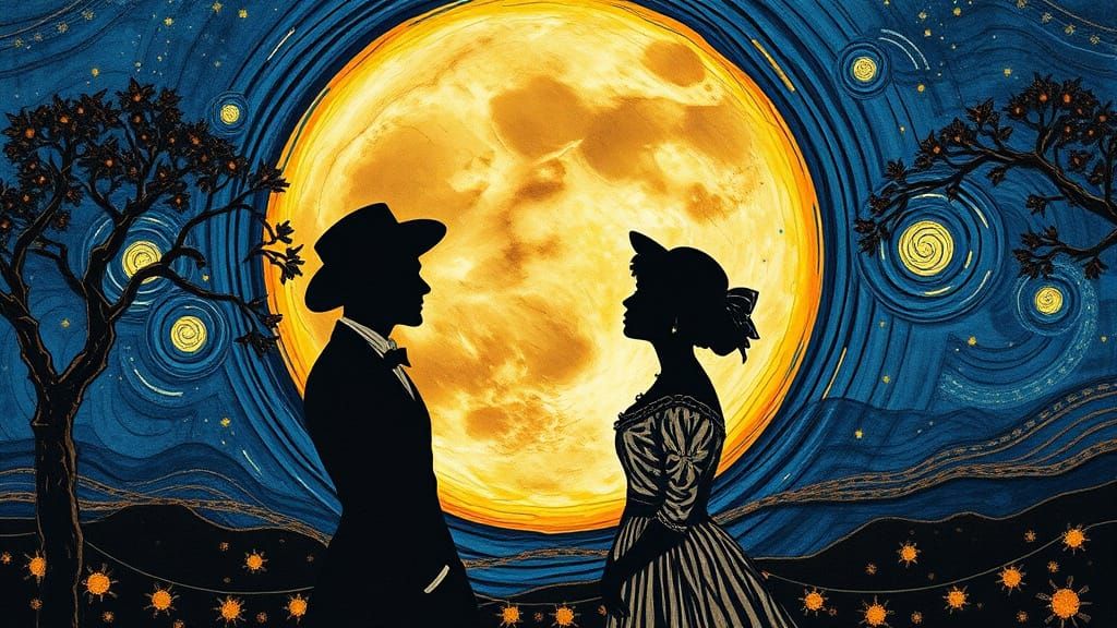 Moonlit Lovers in Vintage Elegance, Inspired by Van Gogh's C...