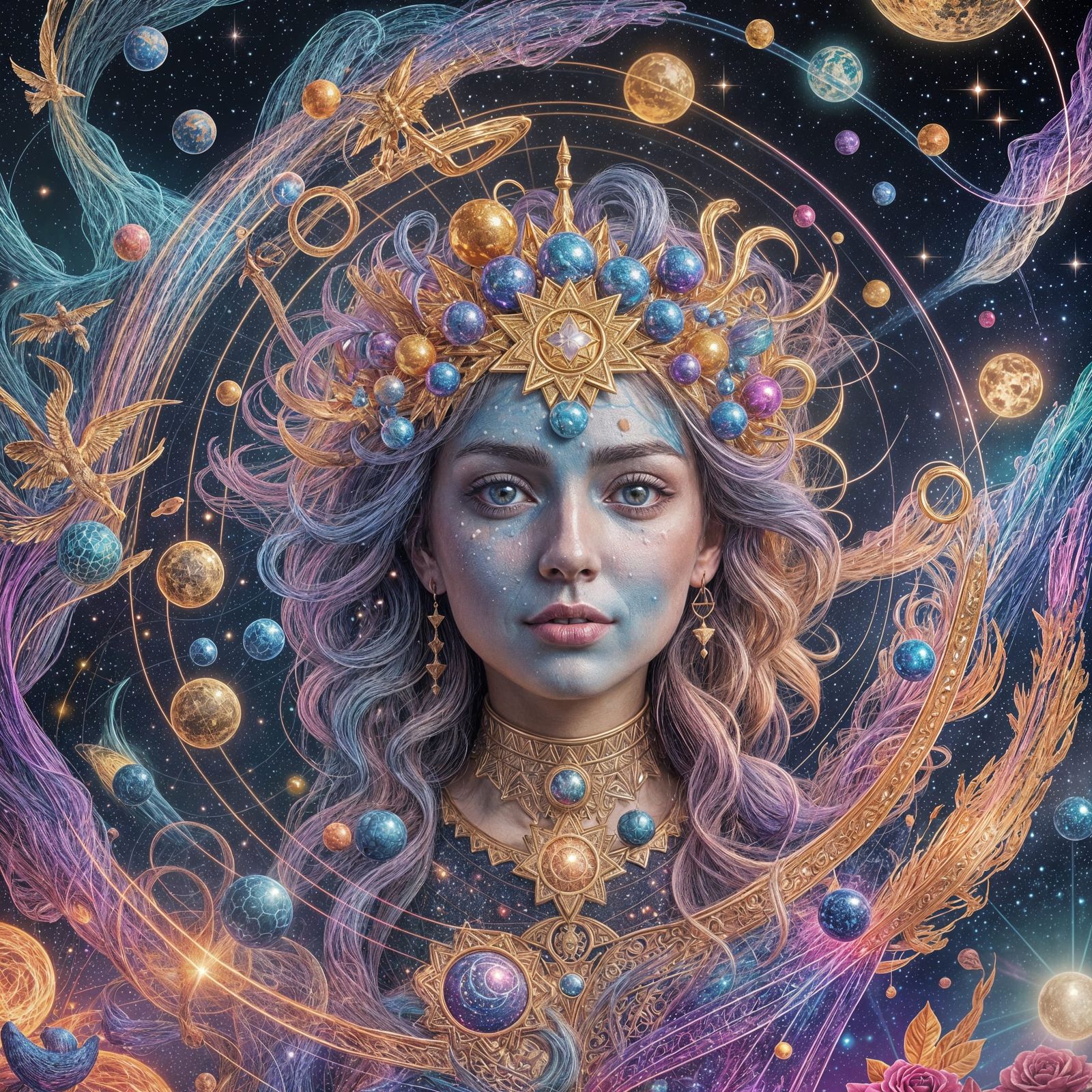 Astral Rose in Rainy Field, Holographic Illustration