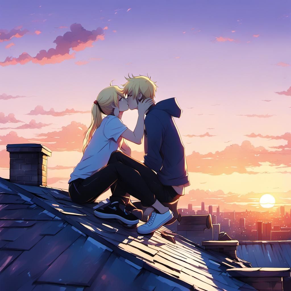 a blonde hair girl and her boyfriend kissing  on top of a ho...
