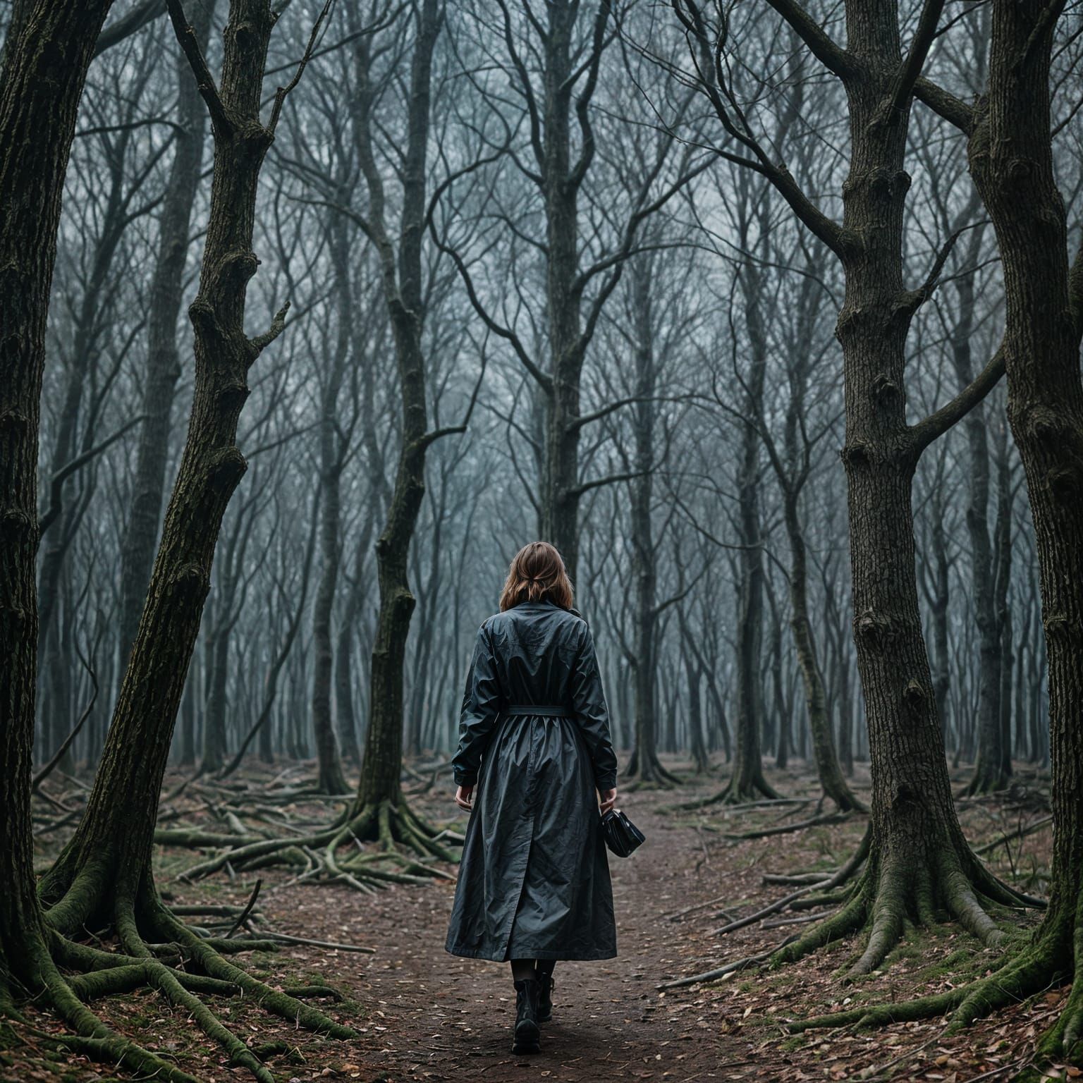 Woman walking in woods at night, looking over her shoulder u...