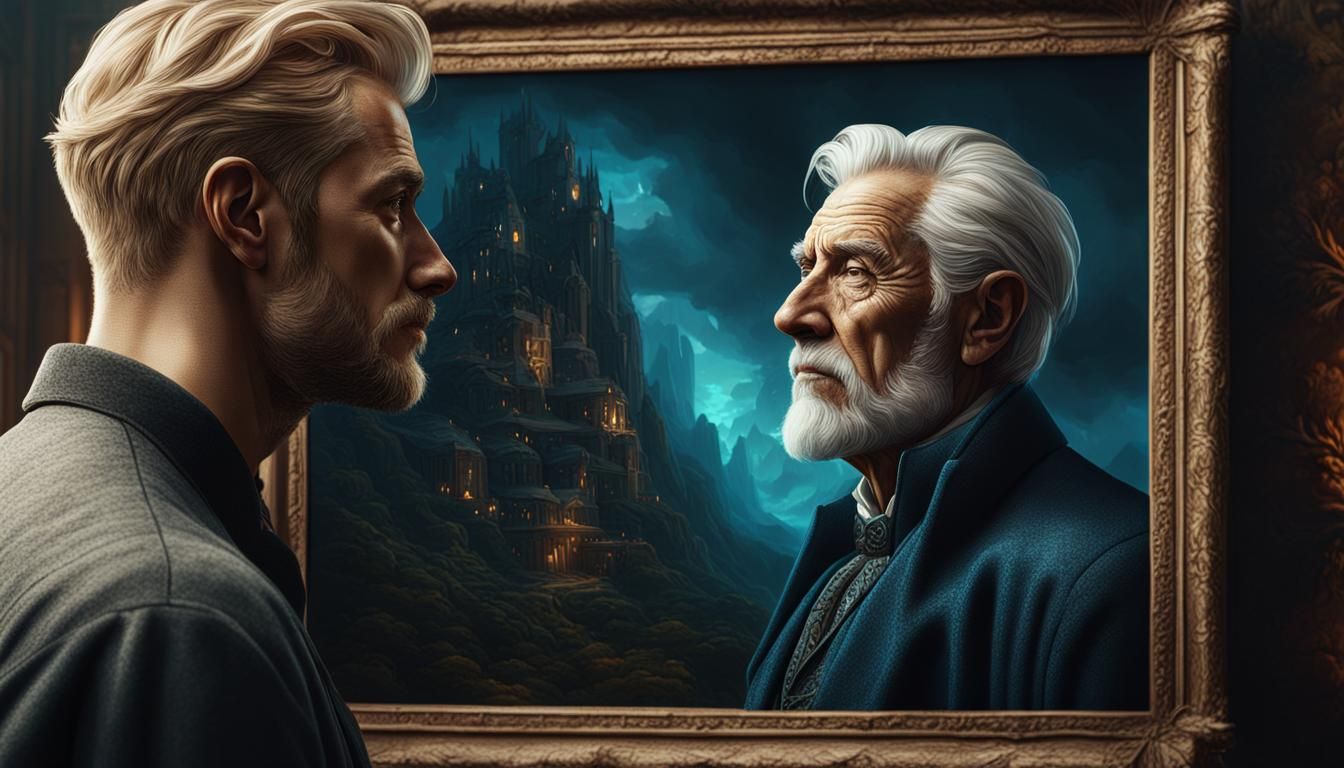 A young, handsome blonde man looking at a painting of an old...