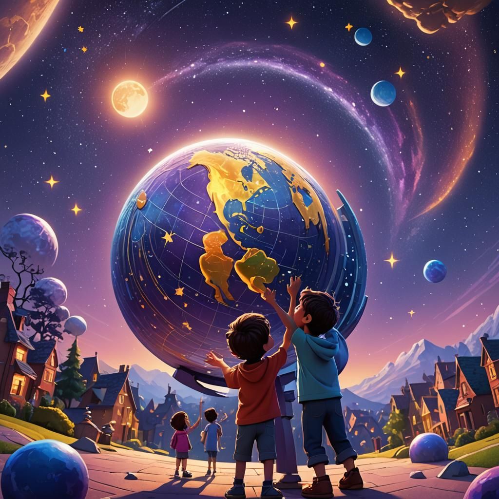 Child Holds Giant Globe, Pixar-Style 3D Art