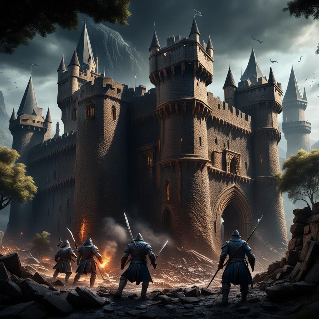 Warriors Assaulting Gothic Castle: Detailed Matte Painting
