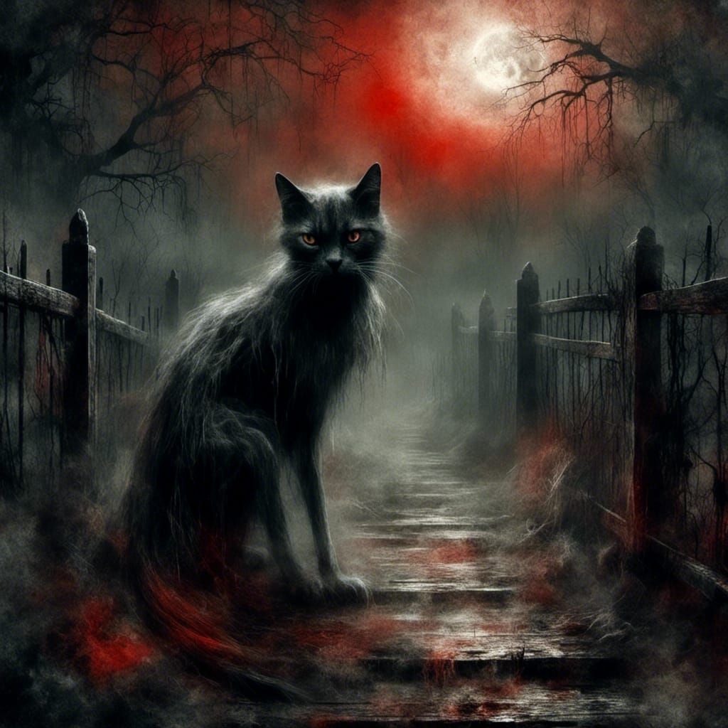 <lora:Ghostly Spirit:1.0> The ghostly spirit of a black cat back arched sitting on a ragged fence under a blood red moon depicted using grit...