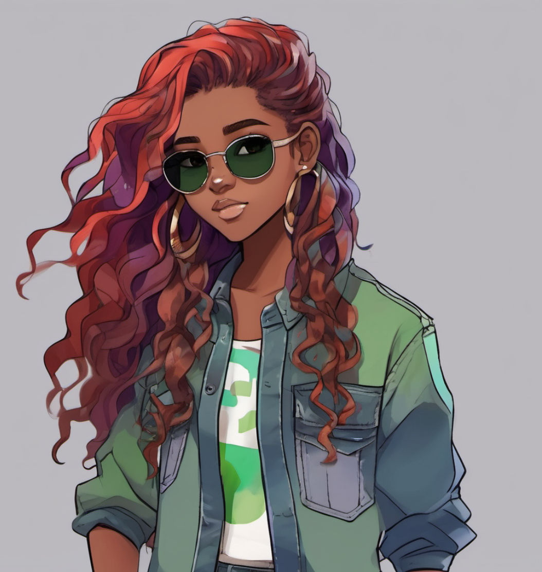 Anime teen girl, long wavy red hair, wearing green sunglasse...