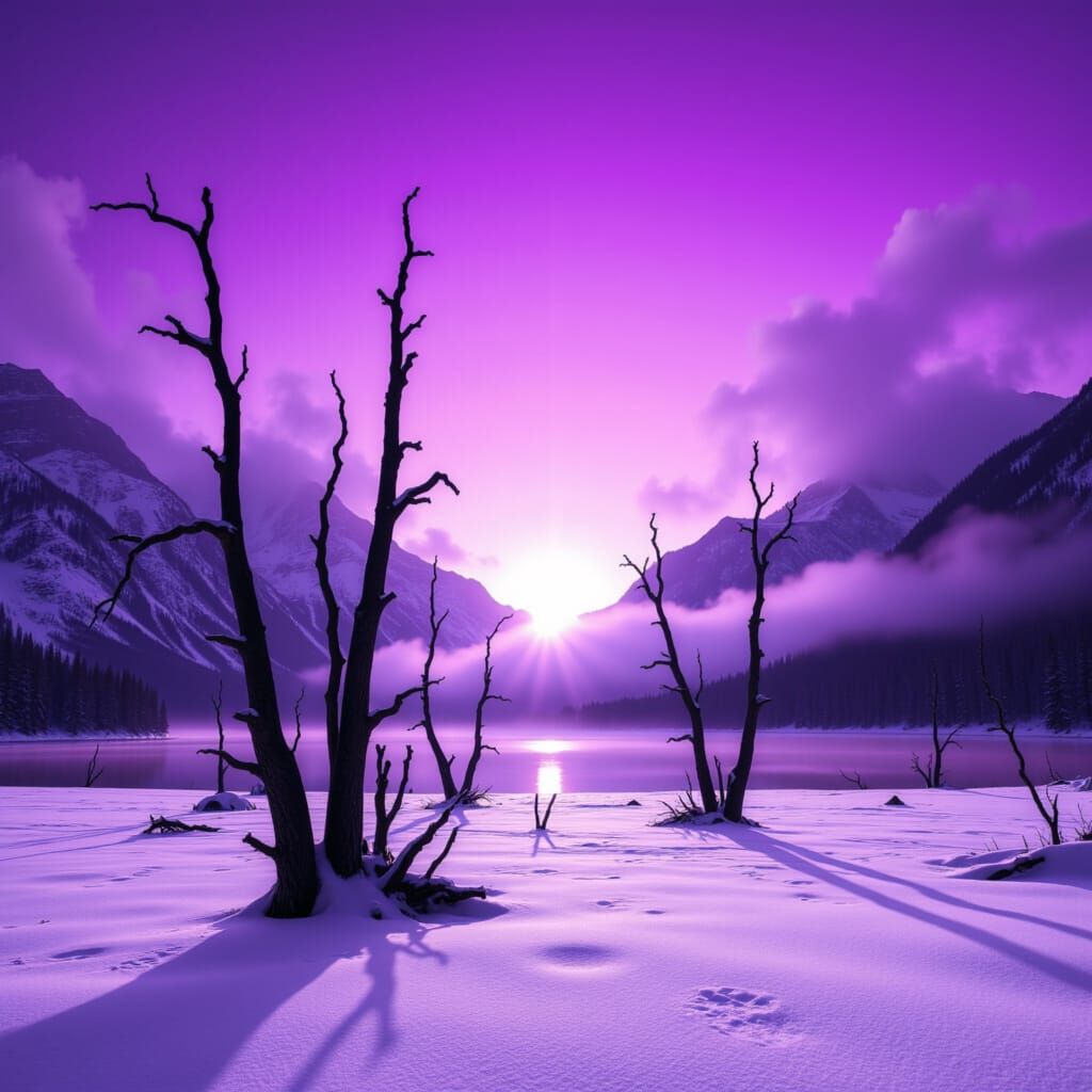 <lora:Purple Haze:1.0> Concept art, medium shot of a magical, vivid purple haze sunrise over a serene snow-covered mountain lake with striki...
