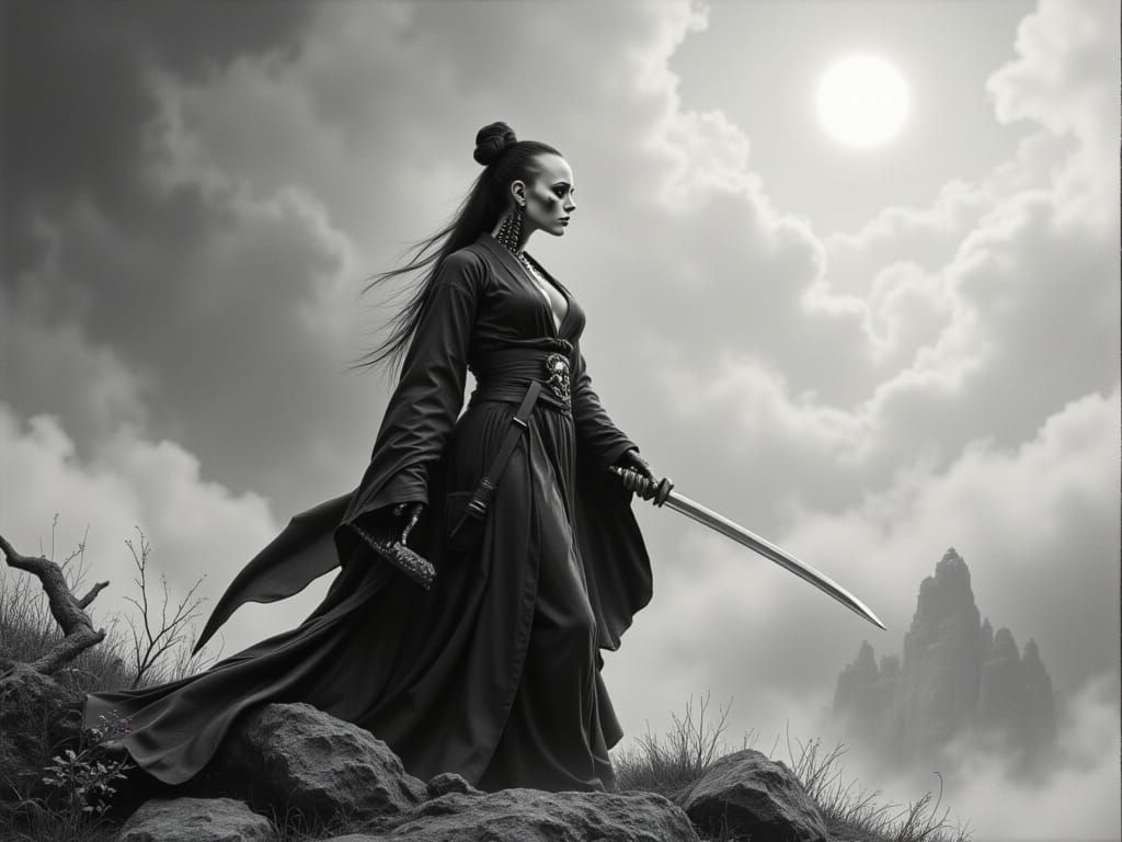 Skeleton Woman with Katana on Misty Hill in Charcoal Drawing...