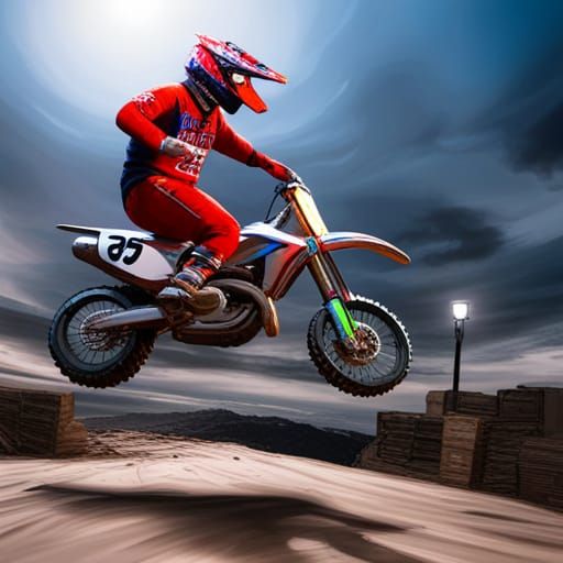 Dirt bike jumping across the finish line for the win
