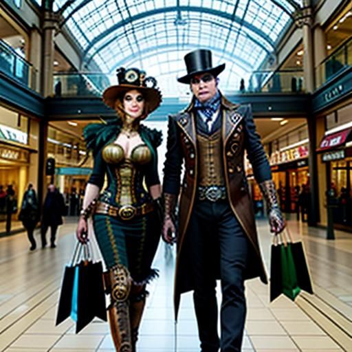 Steam punk man and woman in Leeds Shopping Centre