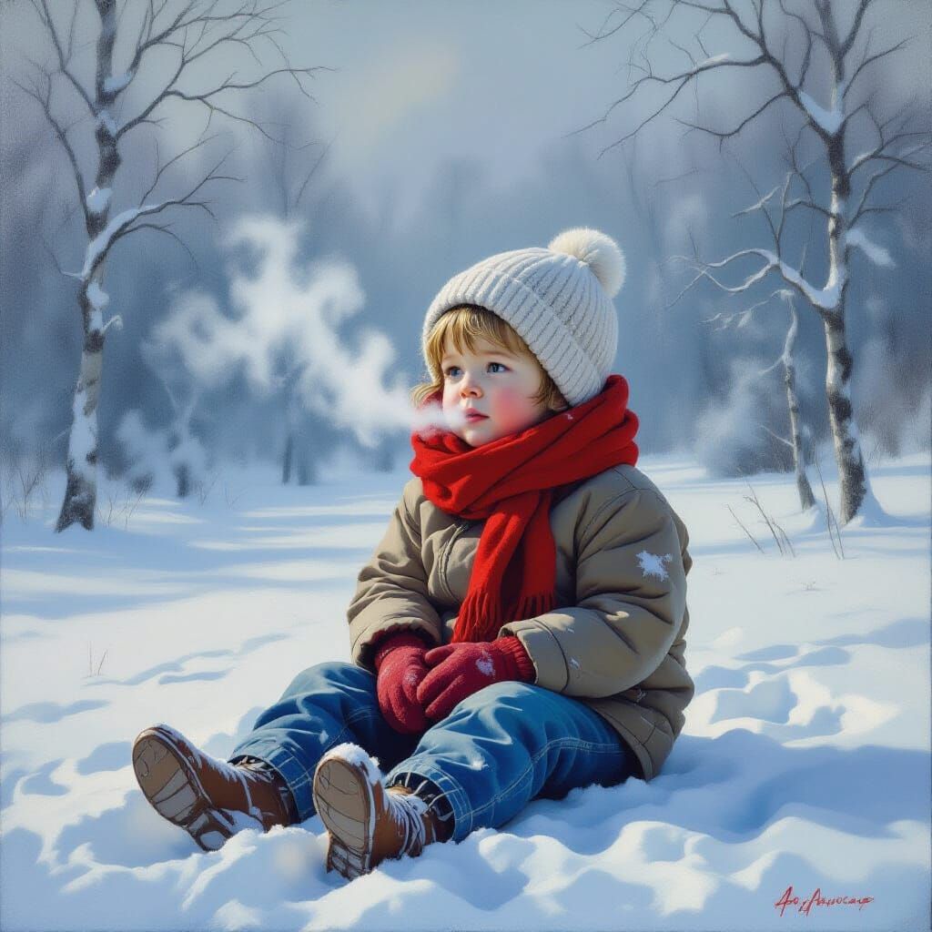 Child Shivering in Snow: Realist Oil Painting