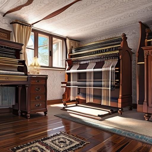 Highly Detailed Jacquard Loom making Damask in a Small Room