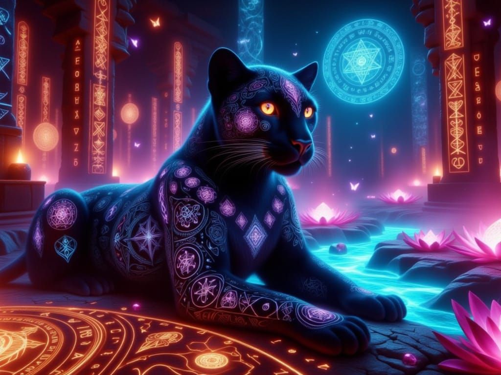 <lora:FiosRuneMagic:1.0> Black Panther with Mandalas