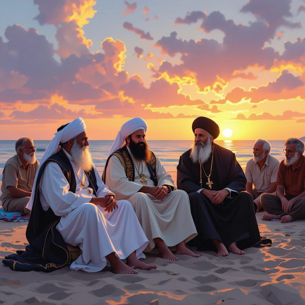 Orthodox Men Relaxing on Beach at Sunset
