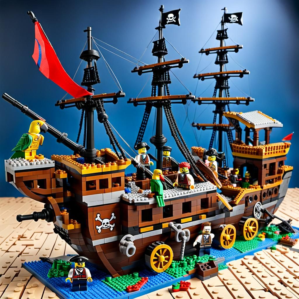 a battle-worn pirate ship made of lego bricks