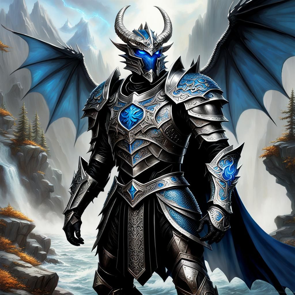 Dragonborn Paladin in Silver Armor with Spread Wings