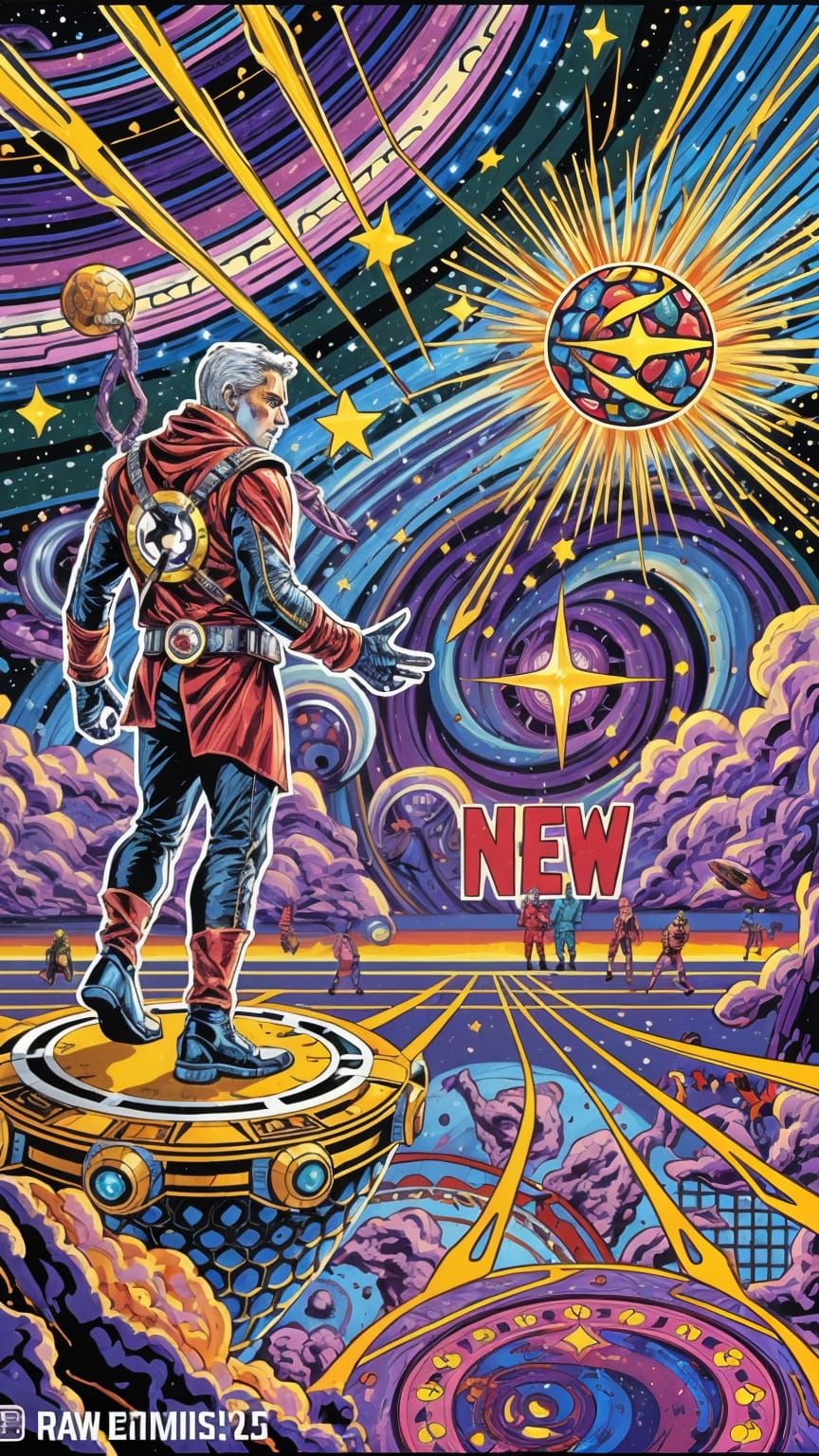 A cosmic wanderer (2.0) stepping into the unknown, standing on the edge of a swirling, celestial gateway, vibrant galaxies and stars glowing...