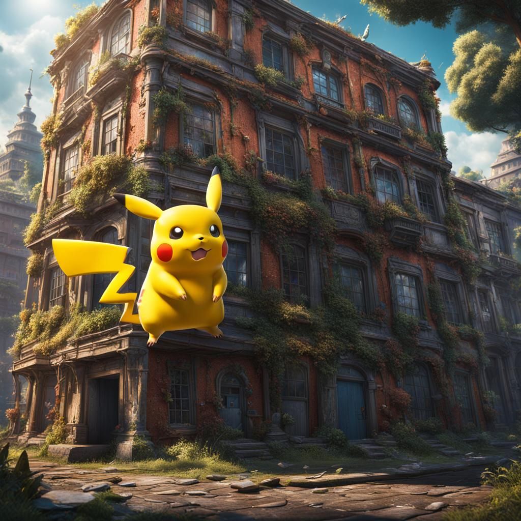 stock photo of knockoff pikachu eating a building