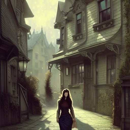 A beautiful brunette woman wanders along spooky countryside ...