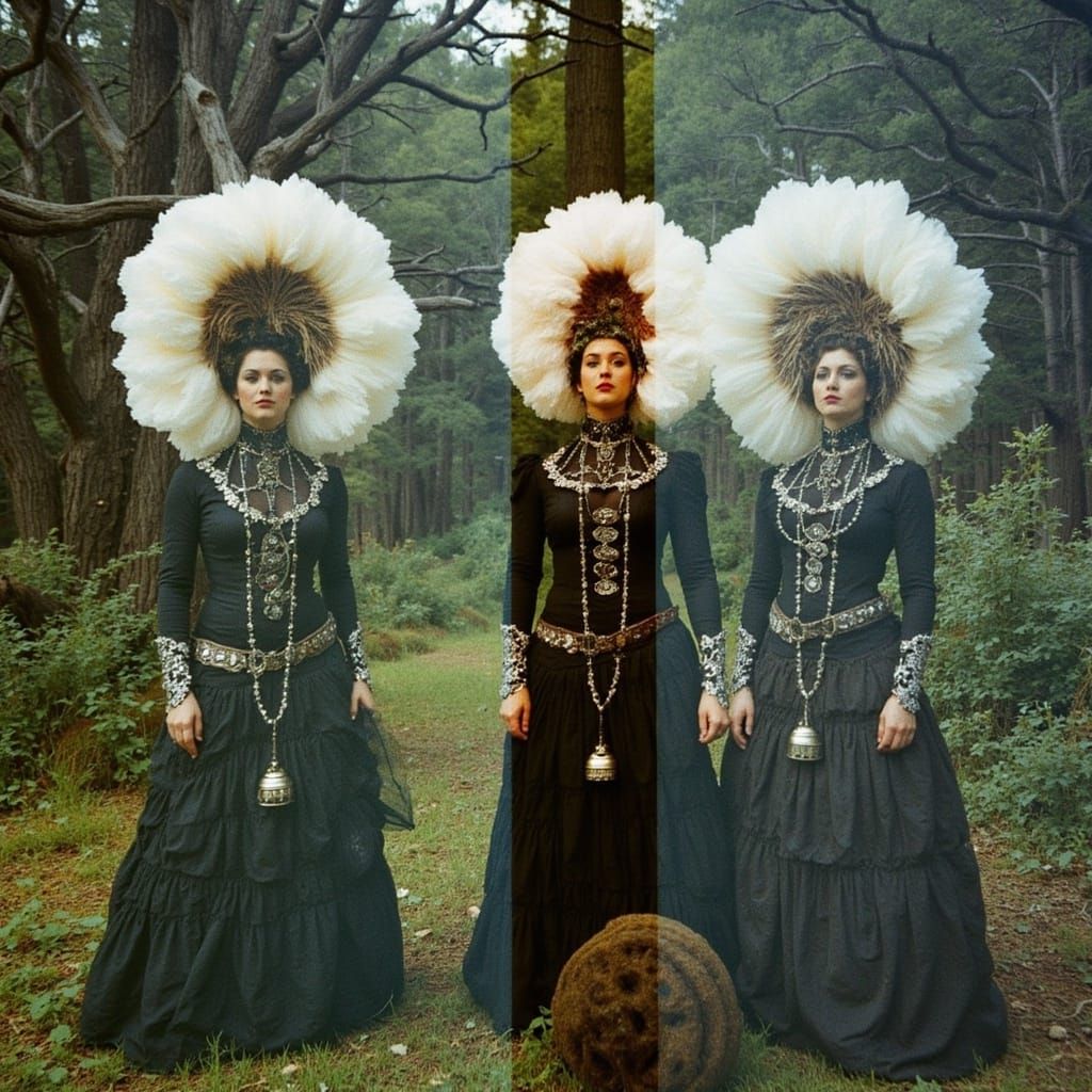 <lora:doublxposefilmglitch:1.0> Three women in mystical, Victorian-era attire, with intricately designed lampshades adorned with occult symb...